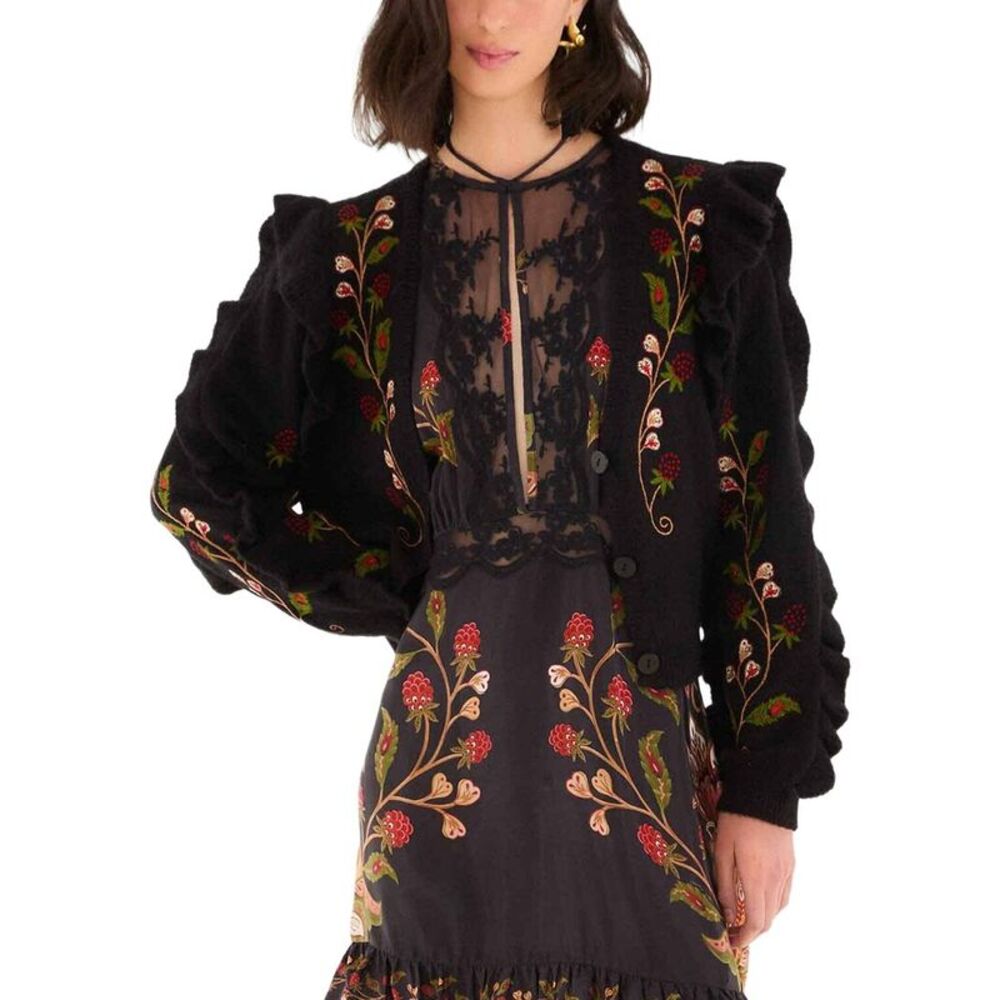 Farm Rio Womens  Berry Embroidery Knit Wool & Alpaca-Blend Cardigan